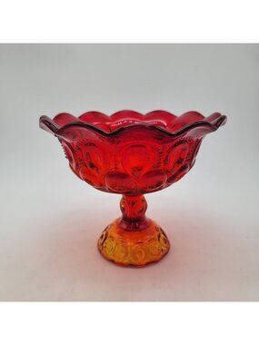 Vintage Amberina Glass Moon & Stars Pattern Compote Scalloped Edge